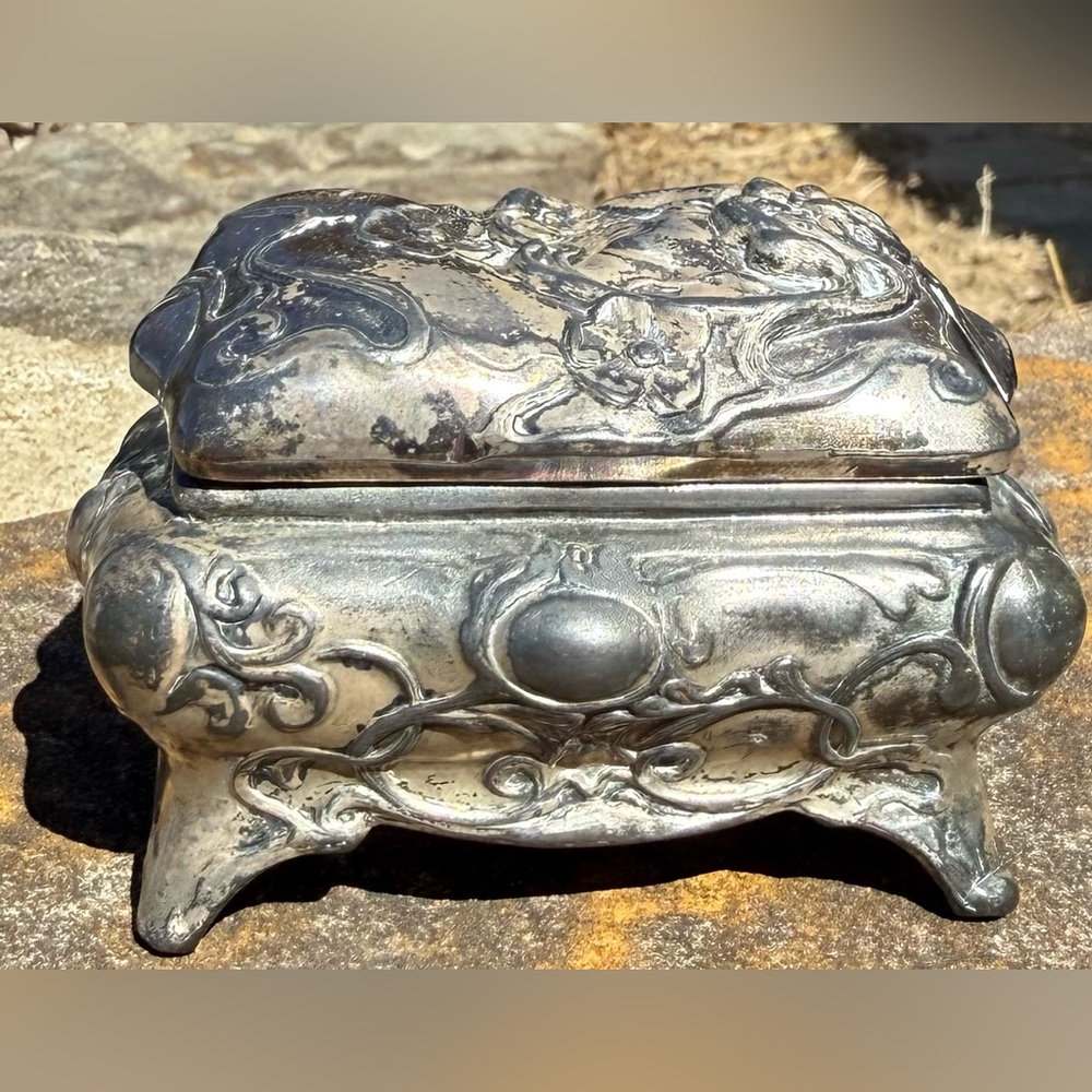 Antique Art Nouveau Jewelry Casket Foot Trinket Box Repousse Woman Floral Silver